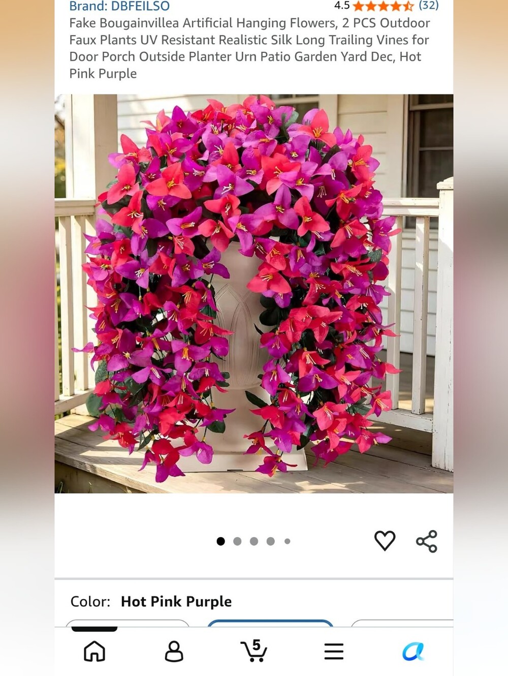 Hot Pink & Purple Bougainvillea Hanging Faux Vine